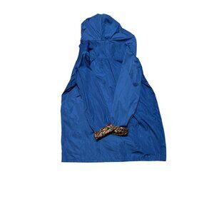 Kate Kasin Womens Blue Hooded Windbreaker Jacket With Leopard Print Trim Size XL